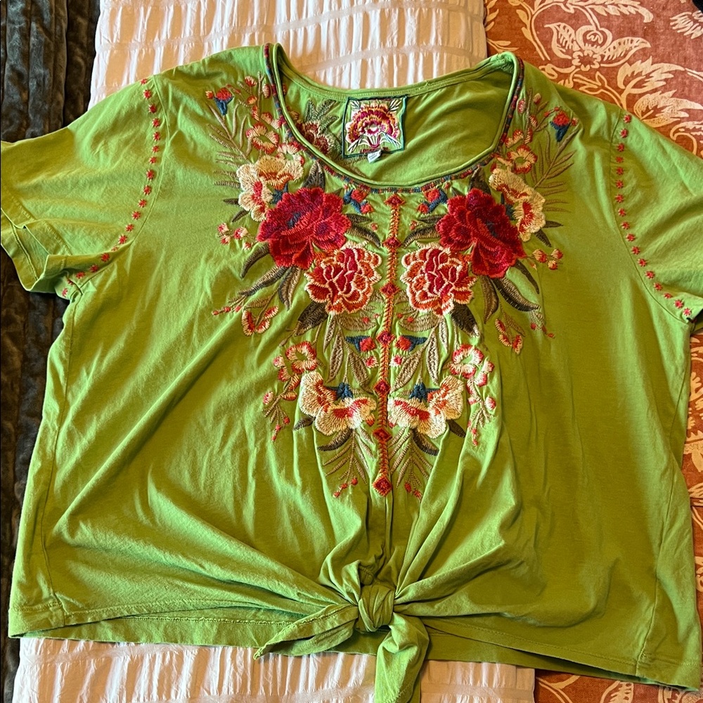 Johnny Was Green Floral Embroidered Tee